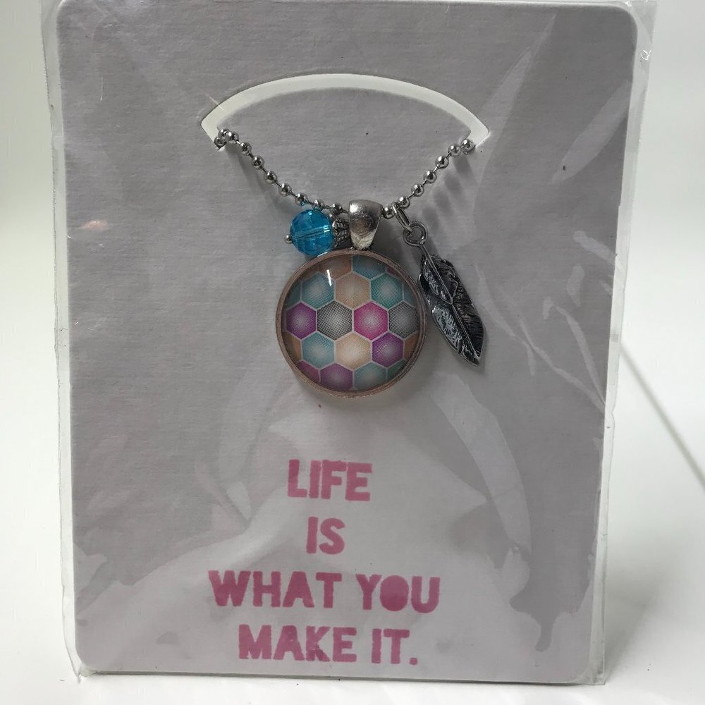 New Pendent necklace with a honeycomb circle pendent with 2 charms 22" chain